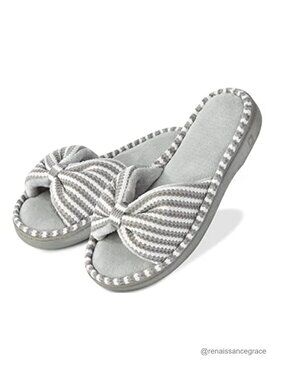 Women's Memory Foam Open Toe Slide Slippers Cute Bow Terry Lined Spa Mules